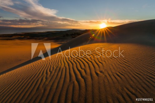 Bild på Picturesque desert landscape with a golden sunset over the dunes